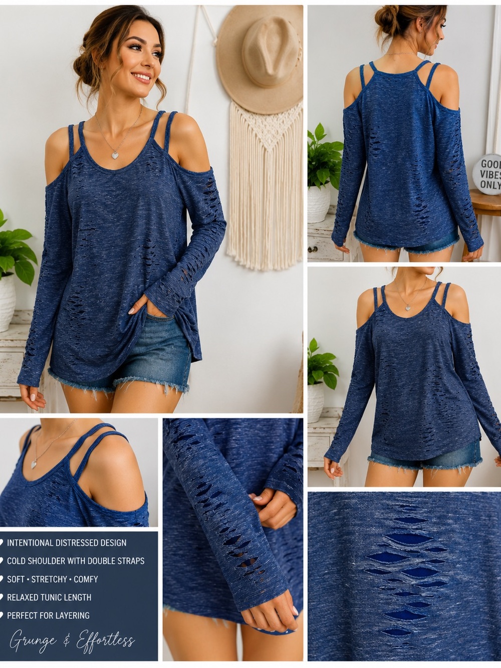 Derek Heart Distressed Cold Shoulder Double Strap Long Sleeve Tunic Top M